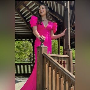 Vibrant Pink Puff Sleeve Prom Dress
